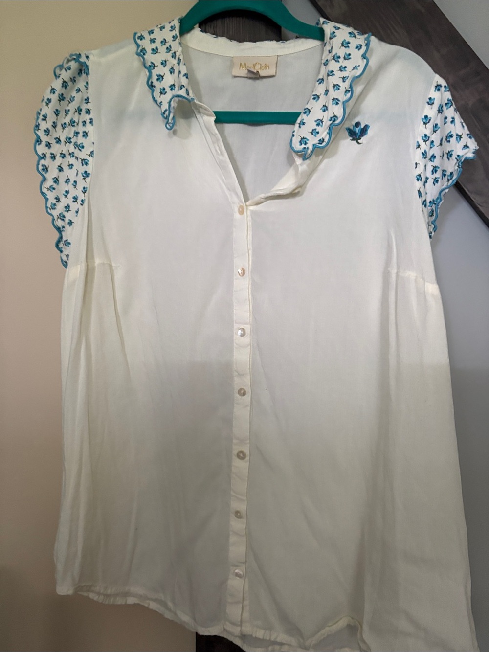 Modcloth Scallop Hankerchief Sleeve Blouse with Teal Floral Embroidery